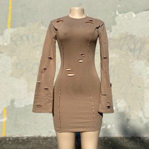 Distressed Brown Tan Long-Sleeve Dress